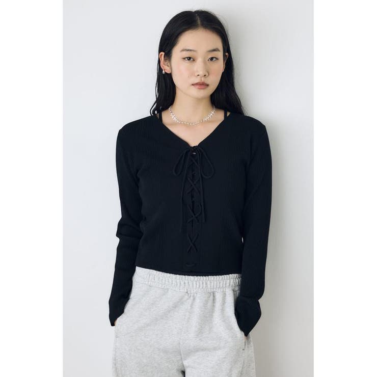 BLK | フェイクレイヤードレースアップニット | AZUL BY MOUSSY