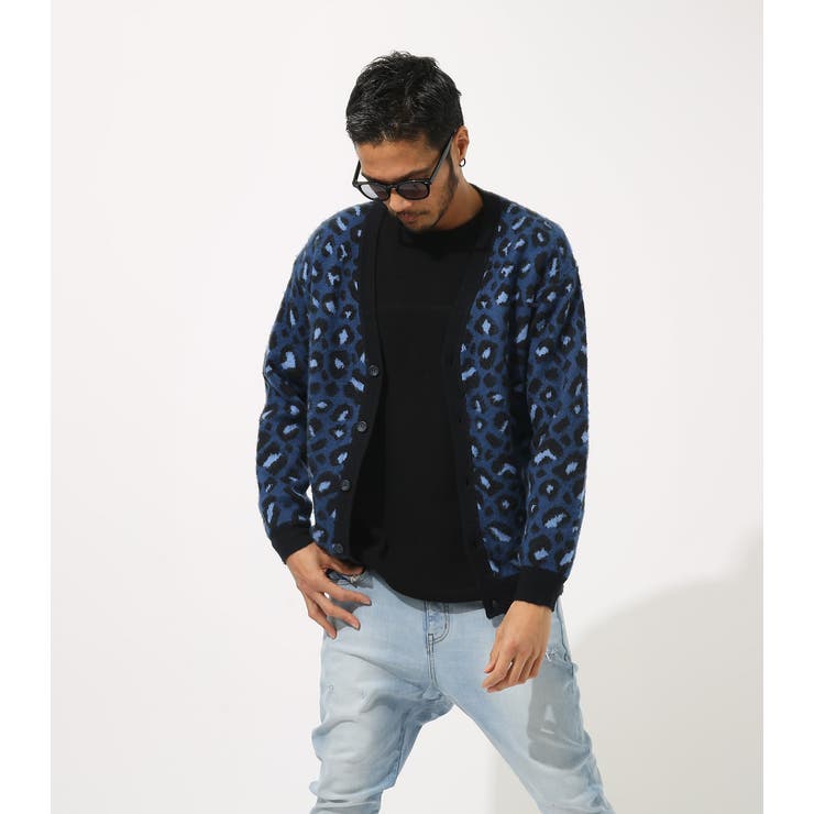 美品】beams購入品 NOMA ヒョウ柄 モヘアカーディガン 青 ヒョウ柄