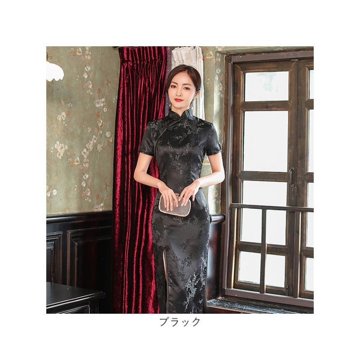キューティーフラッシュ チャイナドレス ブラック×グレー キューティーフラッシュ 鶴 皇帝襟ワンピース チャイナ 着物袖