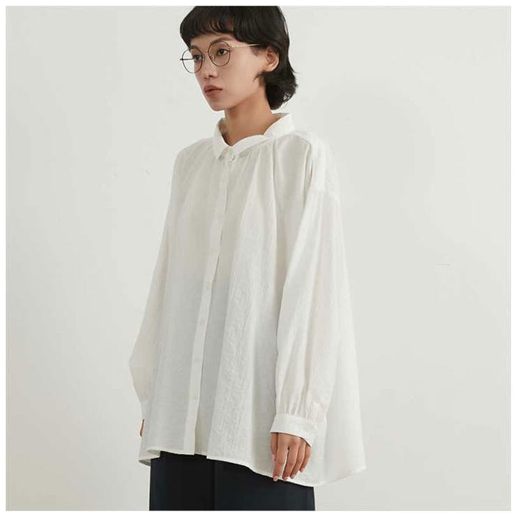 ☆ ブラック ☆ 表面しわ感素材長袖ルーズフィットシャツブラウス ブラウス シャツ 長袖 レディース 長袖シャツ 長袖ブラウス ワイドシャツ 表面しわ感素材長袖ルーズフィットシャツブラウス[品番