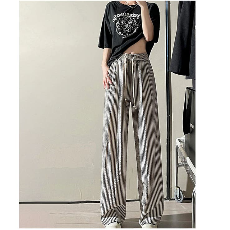 ワイドパンツ 夏 ストライプパンツ レディース[品番