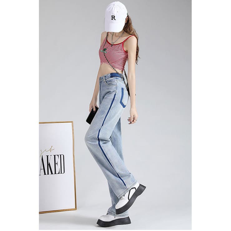 ハイウエスト ストレート デニムパンツ ユニセックス 2色 t582 aimoha｜Jasmine Grandiflorum/2ボタンハイウエストストレート