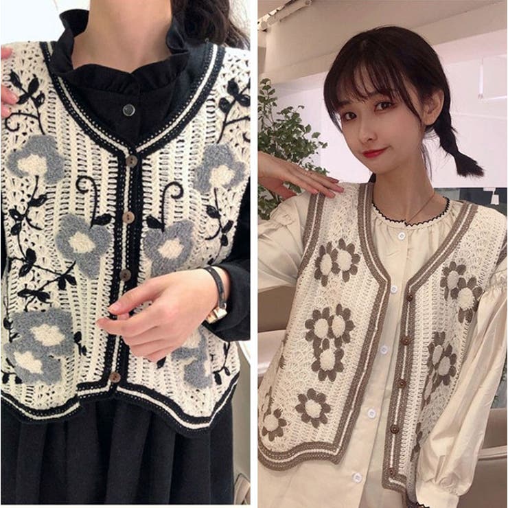 クロシェ編み　手編み　ベスト　フェアリーグランジ　ビンテージ風 ニットベスト クロシェ 花柄 ブラック ホワイト フェアリー