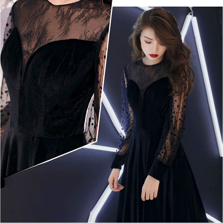 パーティドレス シースルー袖 ロング[品番：BCYW0039325