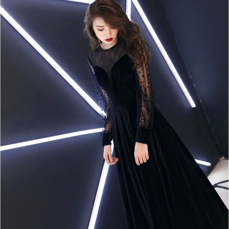 パーティドレス シースルー袖 ロング[品番：BCYW0039325]｜BACKYARD