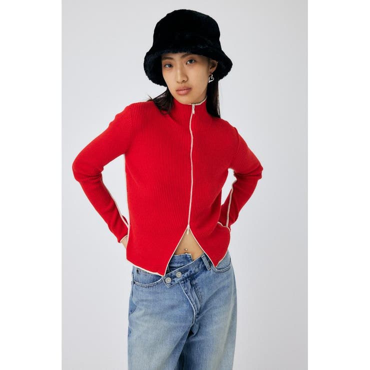 RED | BI COLOR ZIP UP RIB ニット | MOUSSY OUTLET