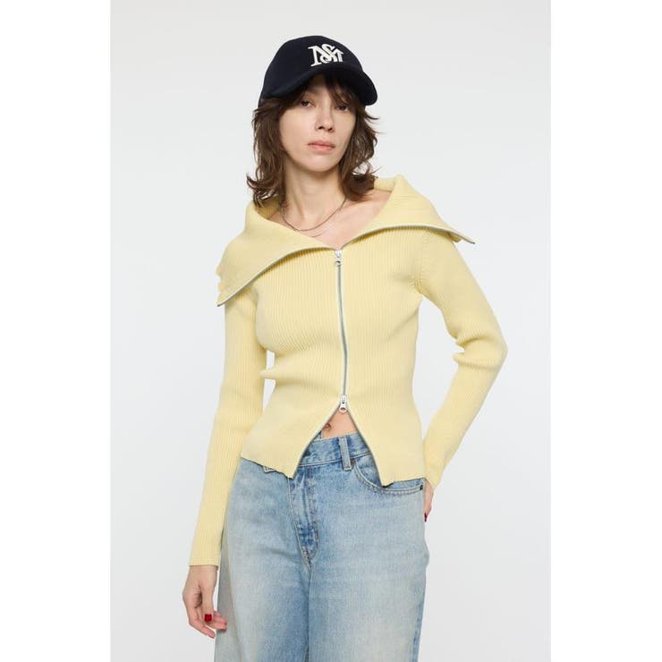 L/YEL1 | BIG COLLAR ZIP UP ニットトップス | MOUSSY OUTLET