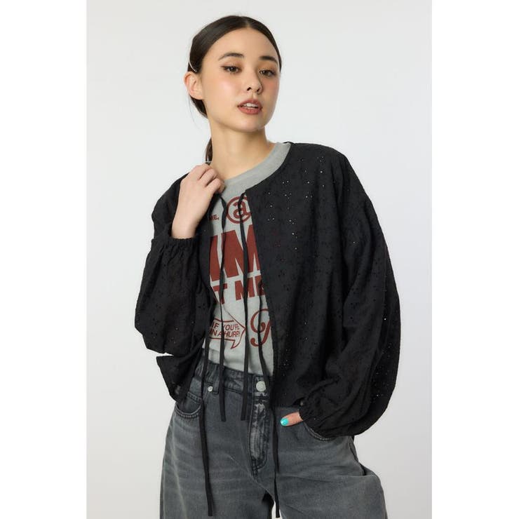 BLK | ノーカラーレースカーディガン | RODEO CROWNS WIDE BOWL