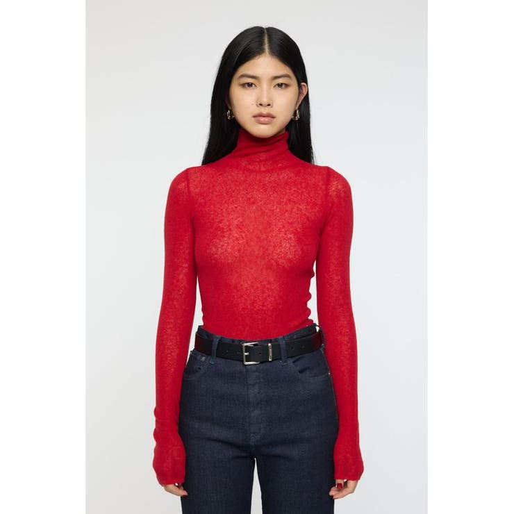 RED | SHEER TURTLE NECK ニットトップス | MOUSSY OUTLET