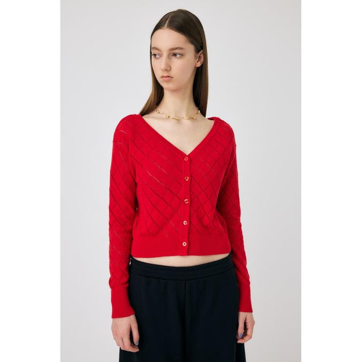 RED | EYELET ニットカーディガン | MOUSSY OUTLET