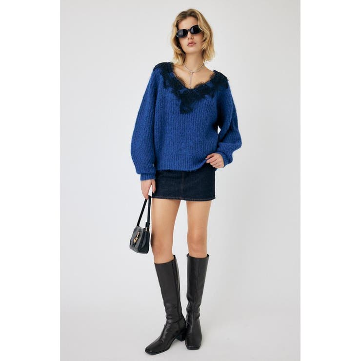 D/BLU3 | LACE TRIMMED V NECK セーター | MOUSSY OUTLET