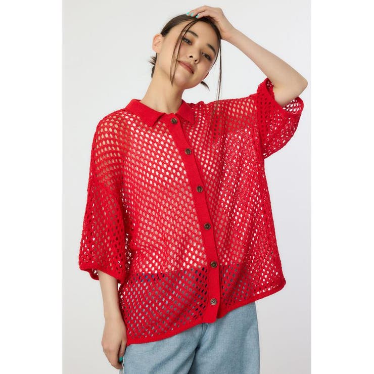 RED | 襟付きメッシュニットカーディガン | RODEO CROWNS WIDE BOWL