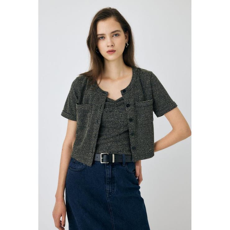 柄BLK5 | BOUCLE TWEED ハーフスリーブカーディガン | MOUSSY OUTLET