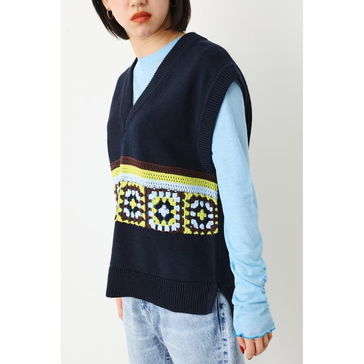 柄NVY5 | クロシェモチーフニットベスト | RODEO CROWNS WIDE BOWL