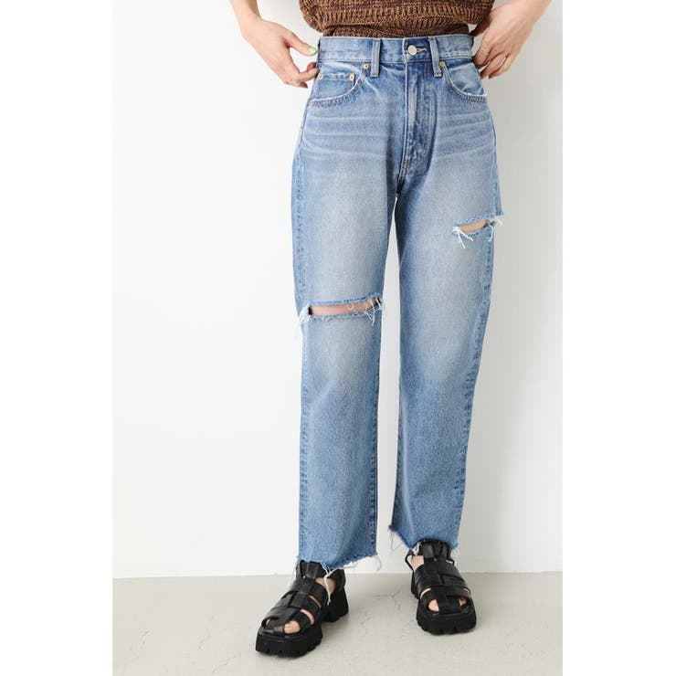 L/BLU1 | Asymmetry Crash ストレートデニムパンツ | RODEO CROWNS WIDE BOWL