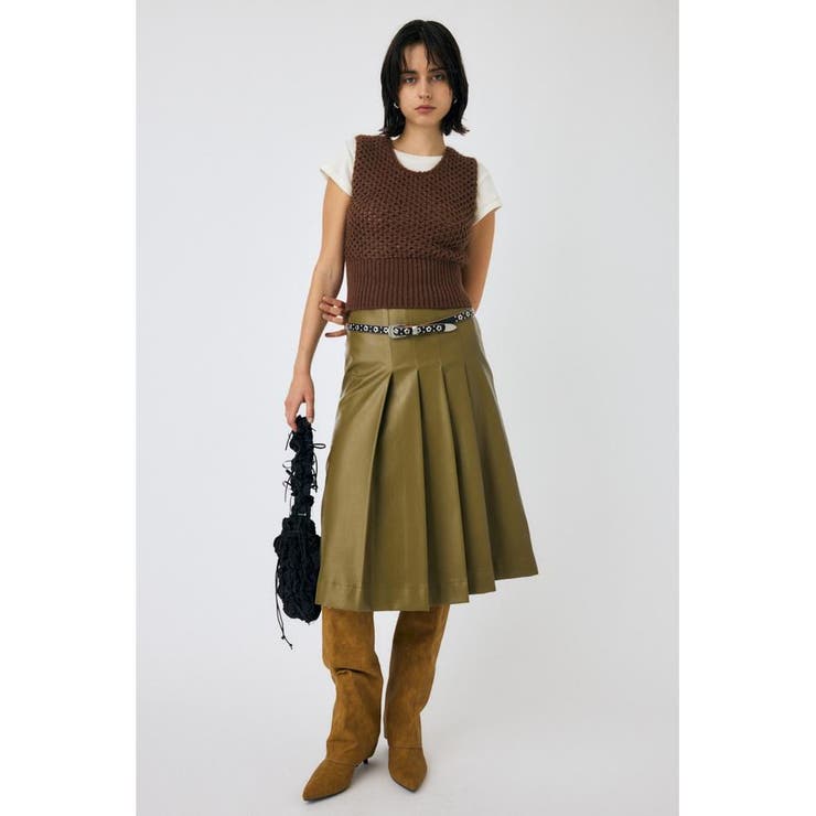 KHA | F/LEATHER TUCKED ミディスカート | MOUSSY OUTLET