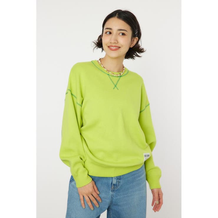LIME | スウェットライクカラーステッチニットトップス | RODEO CROWNS WIDE BOWL