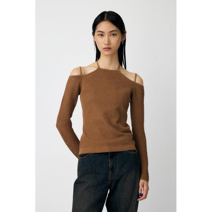 BEG | OPEN SHOULDER HALTER ニットトップス | MOUSSY OUTLET