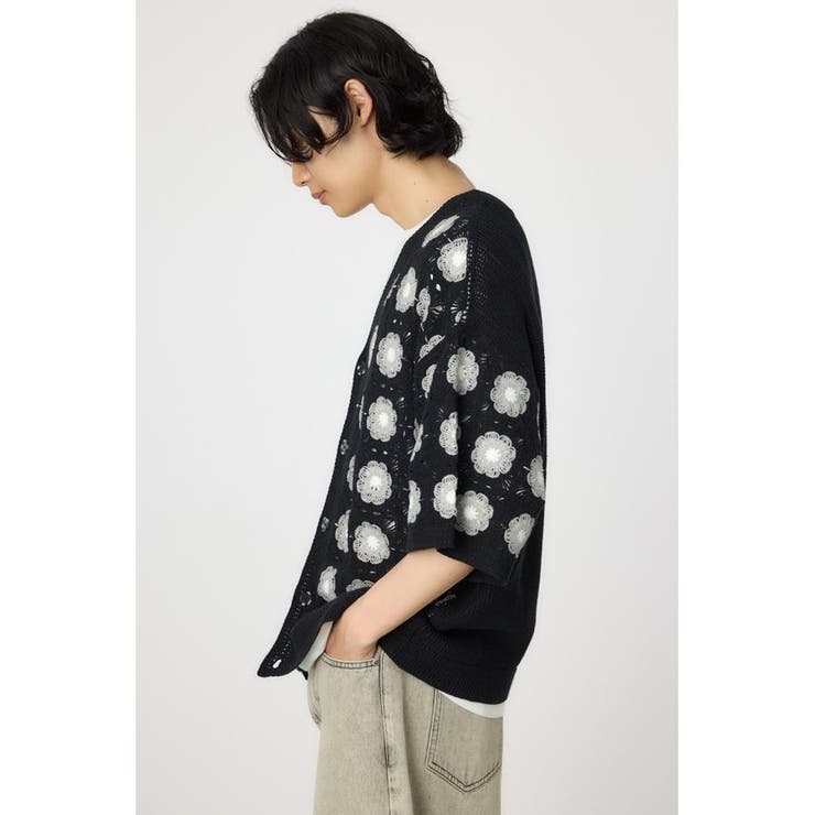 クロシェフラワー半袖ニットカーディガン[品番:BJLW0030024 クロシェフラワー半袖ニットカーディガン[品番:BJLW0030024