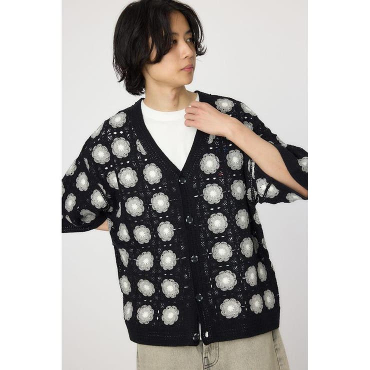 BLK | クロシェフラワー半袖ニットカーディガン | RODEO CROWNS WIDE BOWL