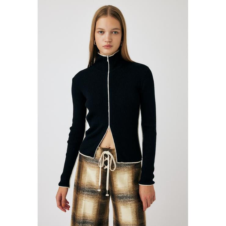 BLK | BI COLOR ZIP UP RIB ニット | MOUSSY OUTLET
