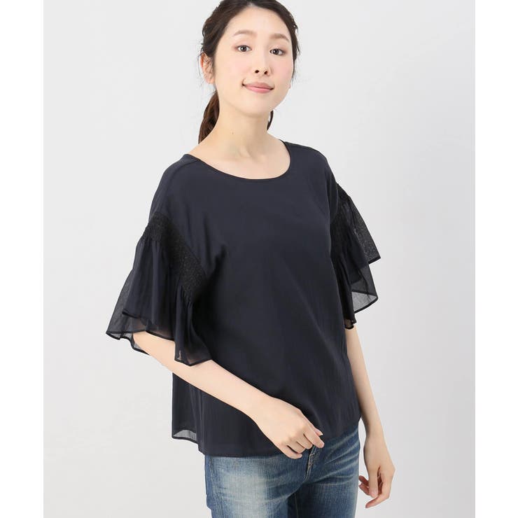 コットンシフォンスモッキングスリーブブラウス[品番：BYCW0006177  