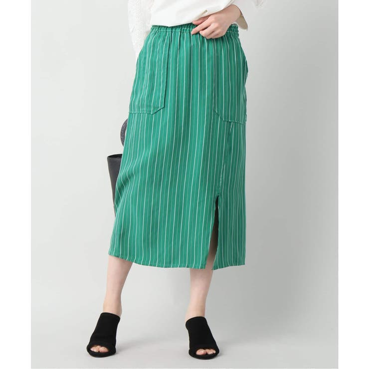 グリーンスカート ホワイトストライプ OTONA スカートボトムスレディースグリーン春秋冬ニットロング丈