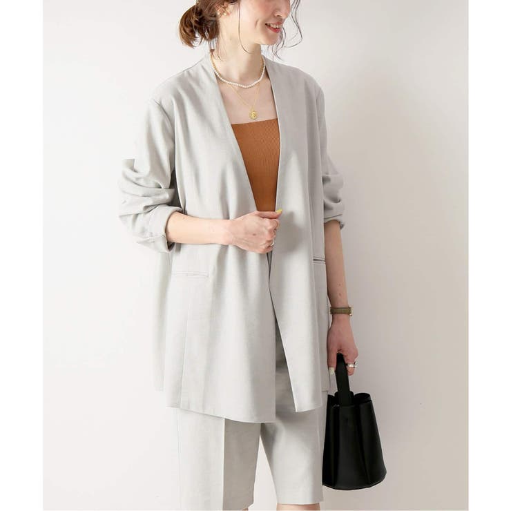 お待たせ! Spick and Span]コットンリネンノーカラーボクシージャケット Jacket Outer