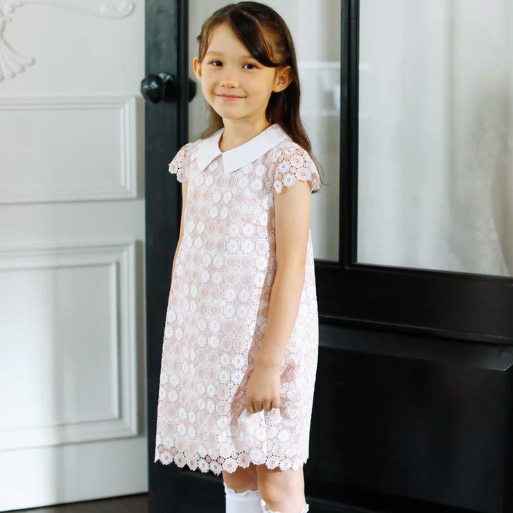 ピンク系 | 【日本製】フラワーレース襟付きAラインワンピース(90~130cm) | BeBe