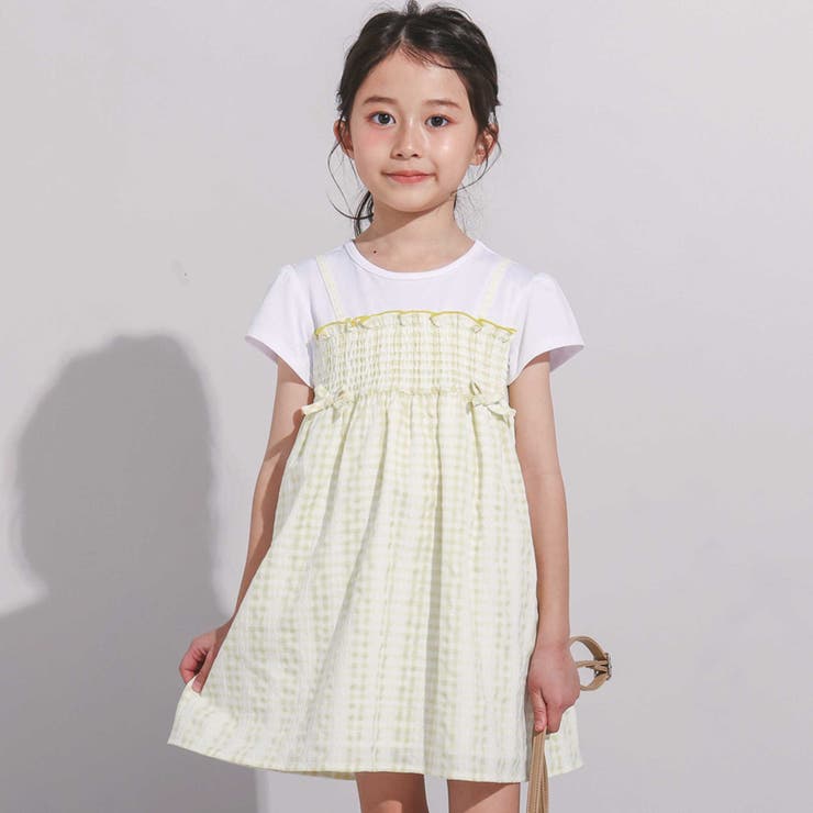 イエロー系 | ギンガムシャーリングキャミドッキングワンピース(80~150cm) | BeBe