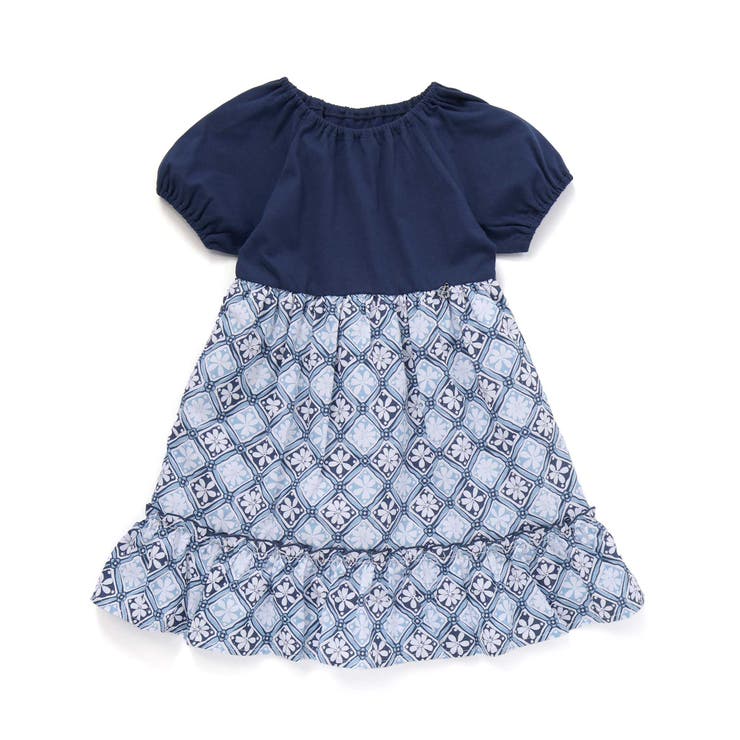 【お揃い】復刻アーカイブタイル柄切り替えパフスリーブワンピース(90~150cm… | BeBe | 詳細画像1 