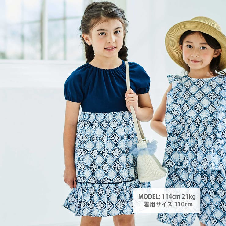 【お揃い】復刻アーカイブタイル柄切り替えパフスリーブワンピース(90~150cm… | BeBe | 詳細画像2 