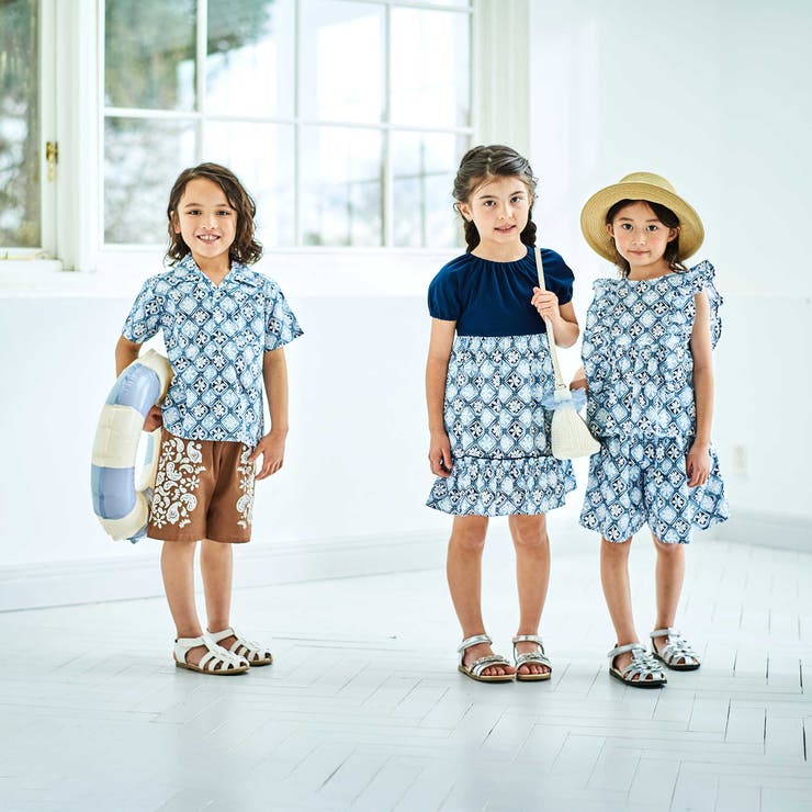 【お揃い】復刻アーカイブタイル柄切り替えパフスリーブワンピース(90~150cm… | BeBe | 詳細画像3 