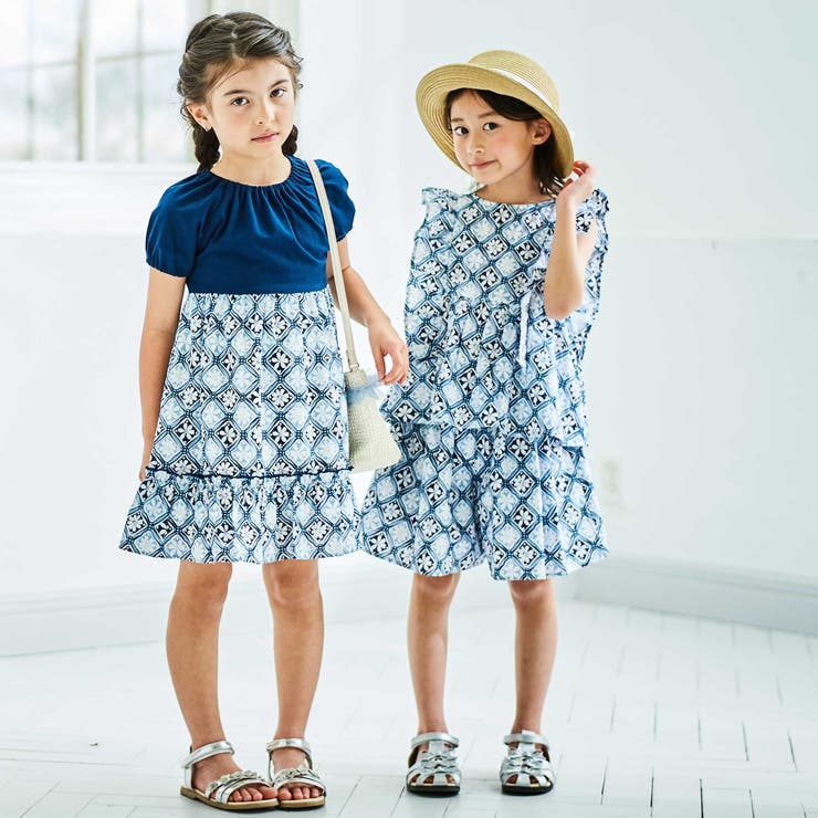 【お揃い】復刻アーカイブタイル柄切り替えパフスリーブワンピース(90~150cm… | BeBe | 詳細画像4 