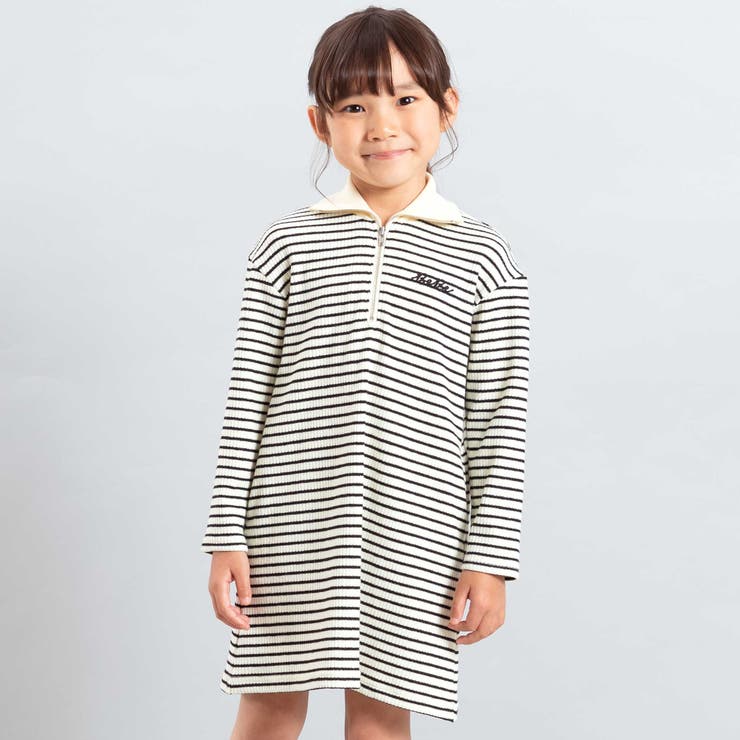 オフホワイト系 | 【お揃い】ボーダーリブZIPカラー長袖ワンピース(90~150cm) | BeBe