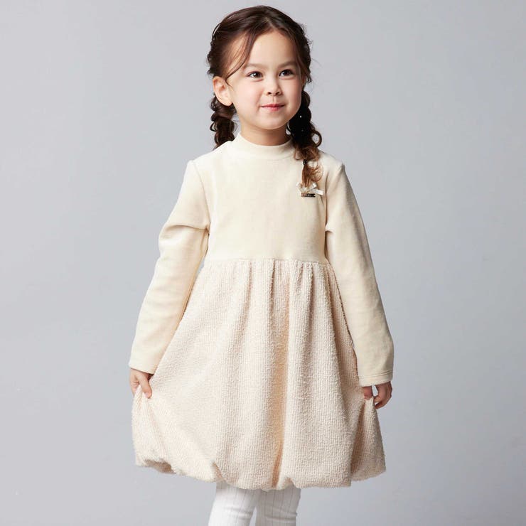 ベロア×ファンシーヤーン切り替えハイネックバルーンワンピース(90~140cm) | BeBe | 詳細画像1 