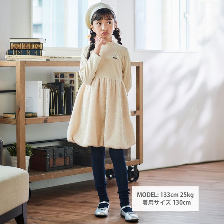 ベロア×ファンシーヤーン切り替えハイネックバルーンワンピース(90~140cm) | BeBe | 詳細画像2 