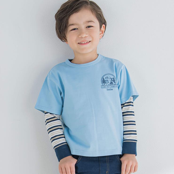 ブルー | キャンプロゴTシャツ×マルチボーダーTシャツセット(90~150cm) | BeBe