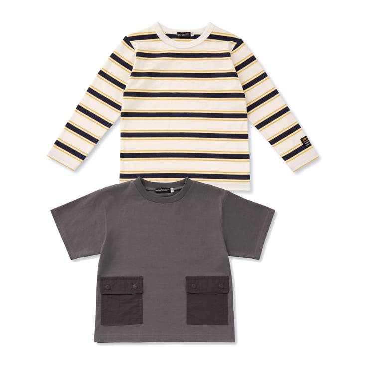 サイドポケット半袖Tシャツ+ボーダー長袖Tシャツセット(90~150cm