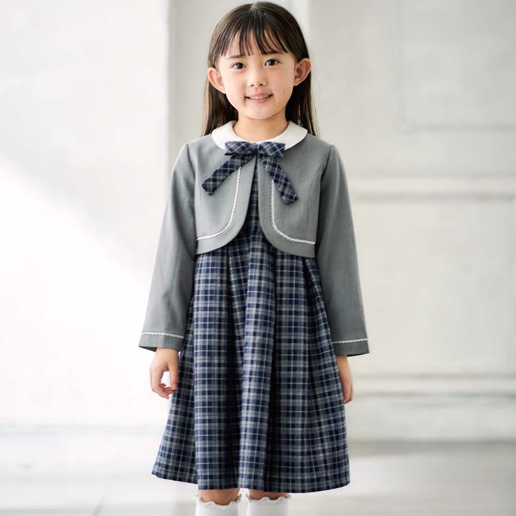 ボレロ+リボンタイ付きチェックワンピースセット(110~130cm) | BeBe | 詳細画像1 