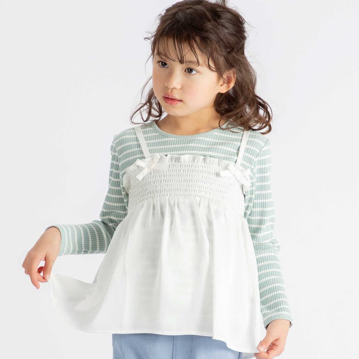 ホワイト | ラメジョーゼットシャーリングキャミ+リブボーダー長袖Tシャツセット(90~160… | BeBe