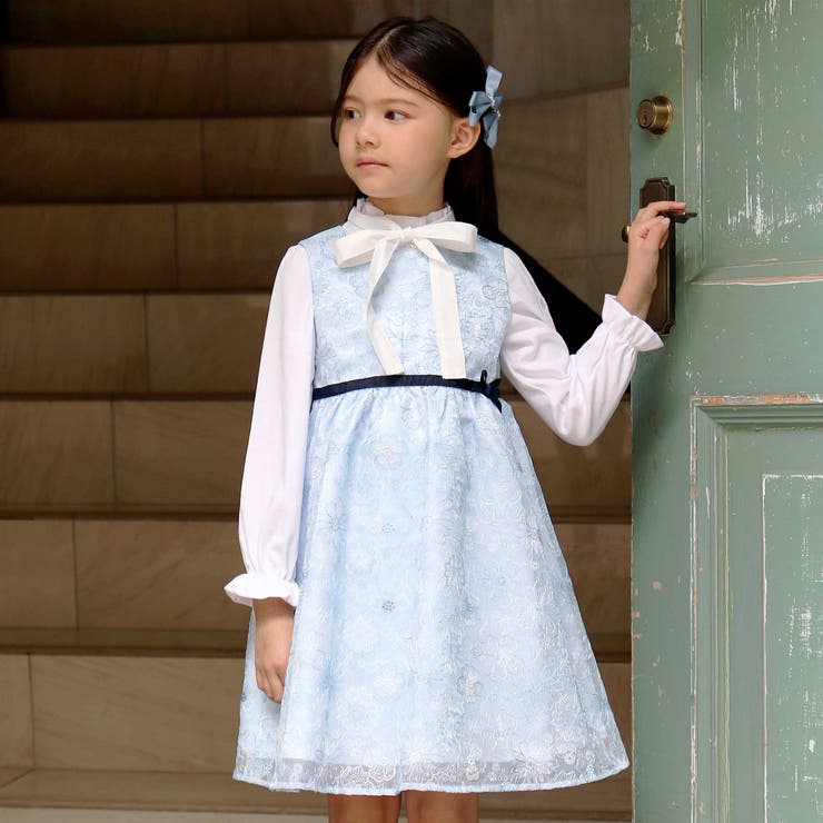 ブルー系 | 【日本製】オーガンジーフラワー刺しゅうドレス(110~130cm) | BeBe