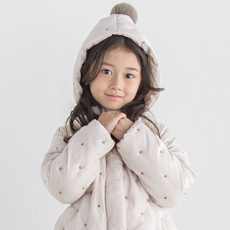 撥水加工】ドット刺しゅうポンポンフード中綿ブルゾン(80~140cm)[品番