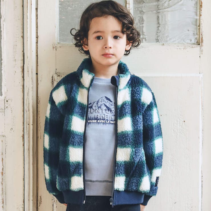 ネイビー系 | バッファローチェックボアジップブルゾン(90~150cm) | BeBe