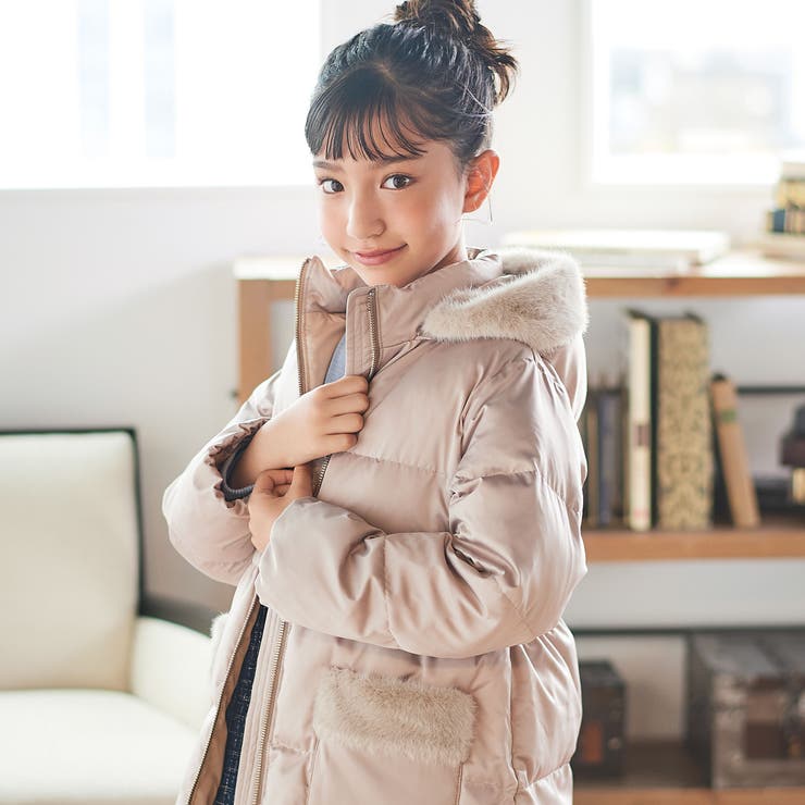 【撥水加工】タフタウエストギャザーファーフード中綿コート(100~160cm) | BeBe | 詳細画像4 