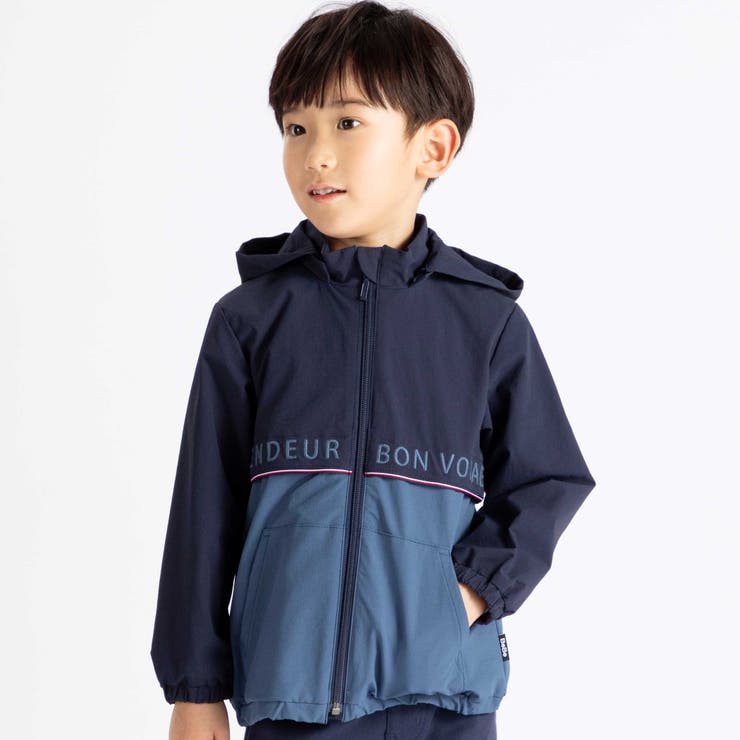 ネイビー | 【撥水加工】リップストップフード付きバイカラーロゴブルゾン(90~150cm) | BeBe