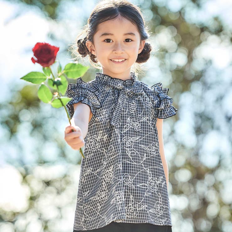 【お揃い】先染めチェックローズプリントフリルブラウス(90~160cm) | BeBe | 詳細画像1 