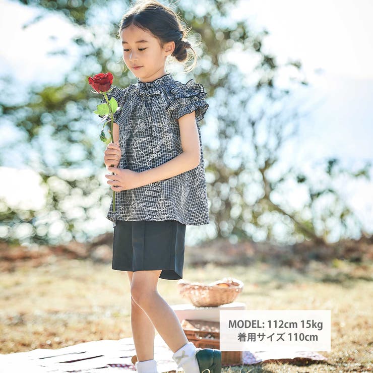 【お揃い】先染めチェックローズプリントフリルブラウス(90~160cm) | BeBe | 詳細画像2 