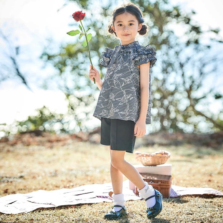 【お揃い】先染めチェックローズプリントフリルブラウス(90~160cm) | BeBe | 詳細画像3 