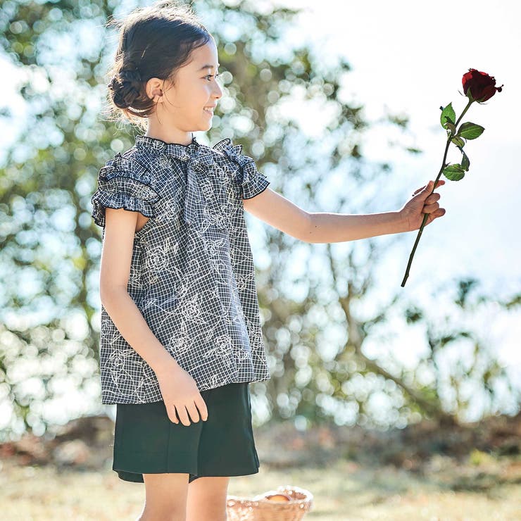 【お揃い】先染めチェックローズプリントフリルブラウス(90~160cm) | BeBe | 詳細画像5 